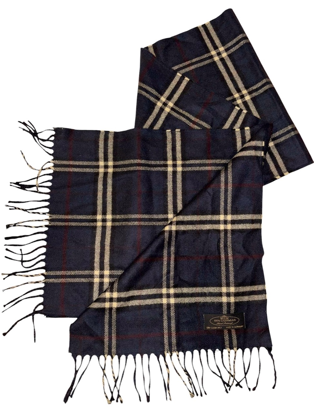 Vintage 80s 100% Cashmere Scarf Hand Tailored in Germany Tartan Plaid 72x12”